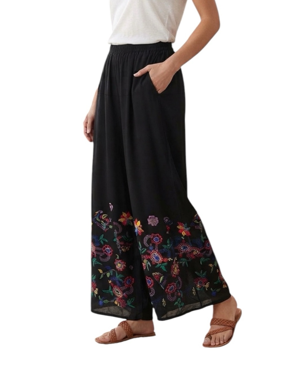 Biba Black Wide-Leg Embroidered Hem Palazzo Pants Oversized M